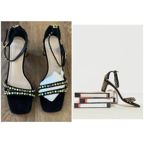 Sandro Jaden Crystal-Embellished Suede Heeled Sandals in Black - Picture 1 of 9